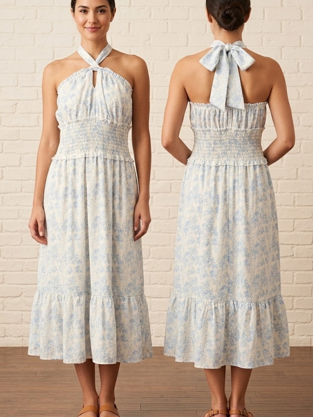 Trixxi Light Blue & White Halter Smocked Midi Dress